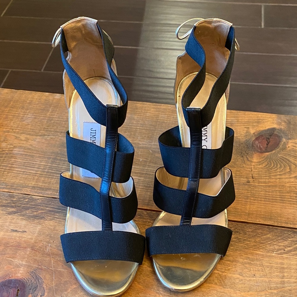 Jimmy Choo Black and Gold Strappy Heels made in Italy size 38.5